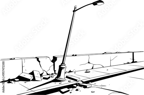 Damaged Streetlight and Cracked Concrete Wall a White Background lamp post