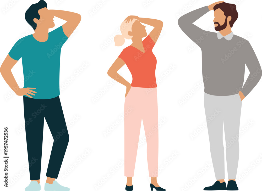 Obraz premium Confused diverse people standing together, hand on head gesture, thoughtful expression, problem solving concept, decision making illustration, teamwork challenge