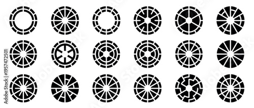 Geometric circular pattern icons set displaying various segmented designs and abstract symbols for data visualization or loading indicators.