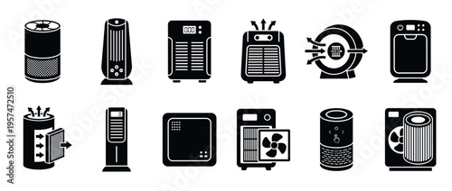 Air purifiers, humidifiers, and air filters icon set illustrating various modern home and office air treatment devices for clean and healthy indoor environments.