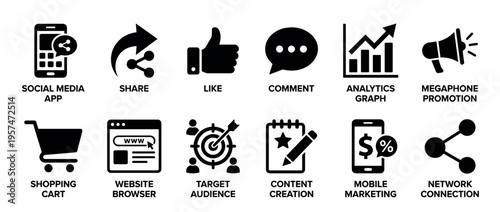 Digital marketing social media icons set illustrating various online business concepts like promotion, analytics, content, and e-commerce.