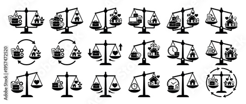 Work life balance scale icons illustrating the concept of equilibrium between professional career demands and personal well-being priorities.