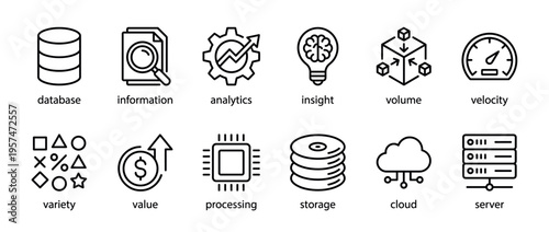 Collection of outline data technology computing analytics icons representing various concepts like database, information, insight, storage, and cloud services.