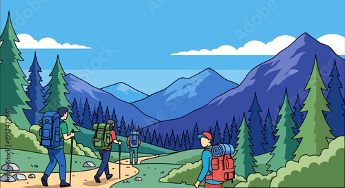 Group of hikers with backpacks and trekking poles on a mountain trail.