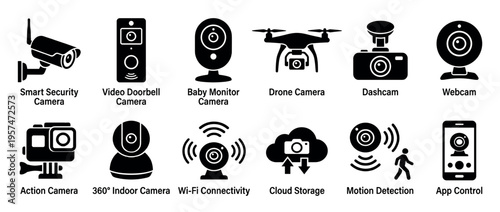 Modern camera icons representing various surveillance and monitoring devices for smart home security systems and personal use.