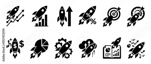 Rocket icons representing business startup, financial growth, market launch, success, innovation, and project development concepts.
