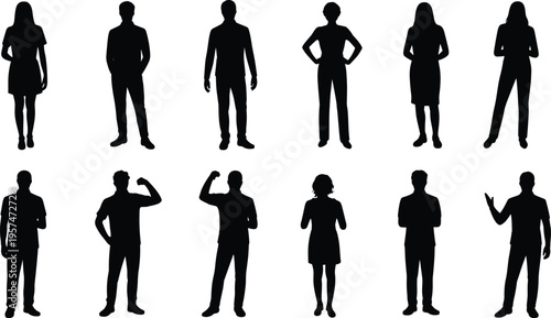 Silhouette people poses collection, black human figures in standing, flexing, gesturing positions, posture reference template for design, animation, illustration