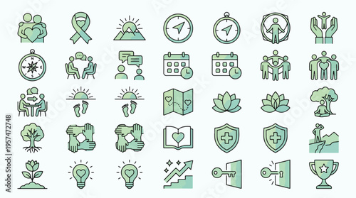 Wellness and Mental Health Icon Set in Linear Style. A collection of mental health linear icons, including therapy, support, growth, meditation, mindfulness, community, and more. Vector, health, icon.