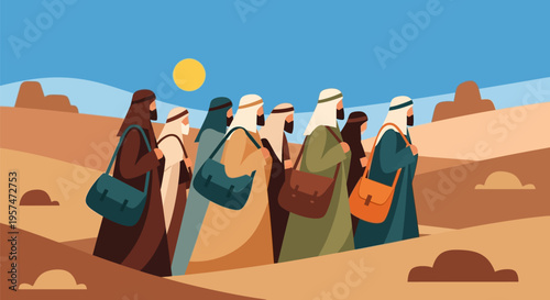 Group of men in traditional Middle Eastern attire walking through a desert landscape.
