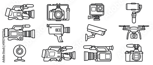 Various line art icons of video cameras, recording equipment, and photography devices for multimedia production and surveillance applications.