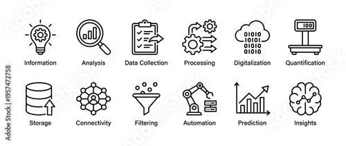 Outline icons illustrating data processing, analysis, and digital technology concepts for modern business workflows and information management.