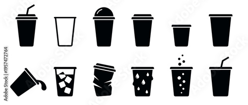 Collection of black silhouette icons depicting various disposable beverage cups, including those with lids, straws, ice, bubbles, and condensation, for drinks.