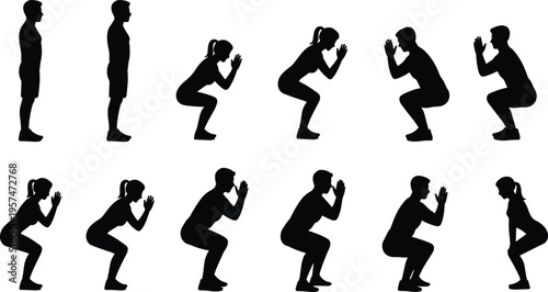 Silhouette squat exercise illustration, fitness training poses, workout positions, gym routine, healthy lifestyle, strength building, bodyweight exercise demonstration