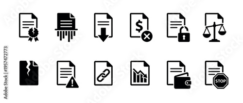 Document management icons set illustrating various file states, security, financial, and legal concepts for digital interfaces and applications.