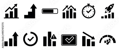 Collection of business and finance icons representing growth, decline, progress, performance, and data analysis in a modern vector style.