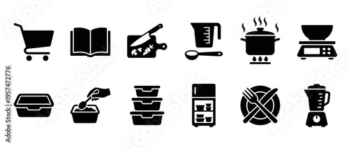 Collection of cooking icons representing kitchen tools, food preparation, meal planning, and grocery shopping activities for culinary concepts.