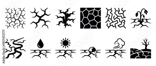 Dry earth cracks icons set illustrating drought, desertification, and environmental problems with various broken ground patterns.