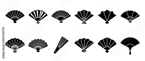 Folding fans icons set featuring various traditional and modern designs, perfect for cultural, decorative, and graphic design projects.