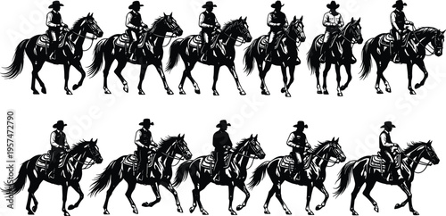 Black and white cowboy silhouette collection riding horses isolated on white background for western theme rodeo and american ranch design