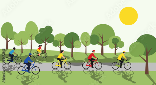 Group of people enjoying a leisurely bike ride in a park.