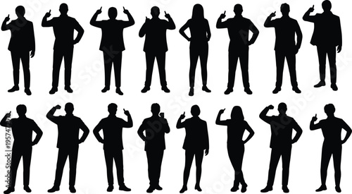 Silhouette people making phone call gesture, communication concept, customer service teamwork, business casual group, social interaction illustration, corporate communication design