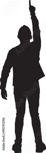 vector,silhouette of a back side view of a modern retired man standing pointing up on white background