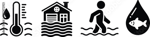 Climate change icons showing flooding, rising water levels, human impact, aquatic ecosystem, environmental disaster, global warming, sustainability, natural hazards