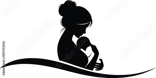Black and white silhouette of a mother holding her newborn baby isolated on white background for motherhood and family design projects