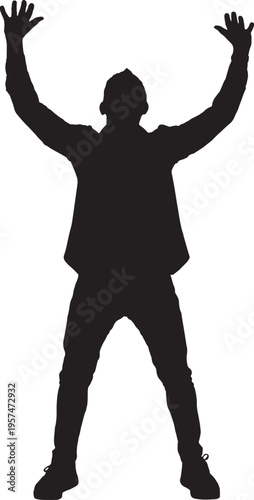 vector,silhouette of  front view of a mature man pushing something imaginary upwards with two hand