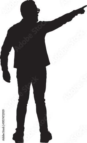 vector,silhouette of a back side view of a modern retired man standing pointing away on white background