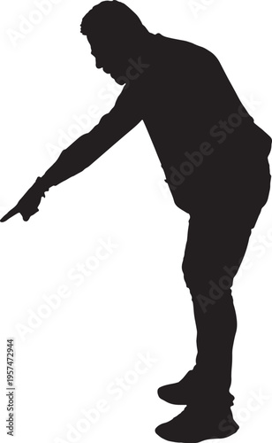 vector, silhouette of a side side view of a modern retired man standing pointing down on white background