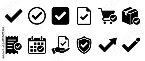 Collection of checkmark icons representing approval, confirmation, completion, and success for various digital and business applications.
