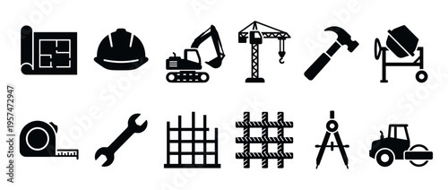 Construction tools and equipment icons set featuring various building instruments, machinery, and engineering elements for industrial projects.