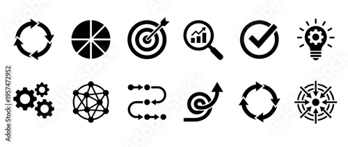 Business process icons, data analysis symbols, and strategic planning pictograms representing various concepts like goals, ideas, and workflow management.