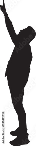 vector, silhouette of a side side view of a modern retired man standing pointing up on white background