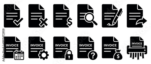 Document icons set featuring various invoice management and financial transaction symbols for business processes.