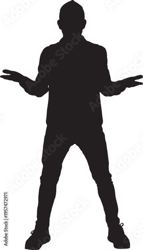 vector,silhouette of a front view of a mature man holding something imaginary on a white background