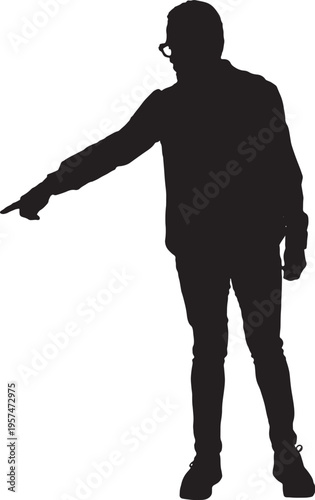 vector, silhouette of a front  view of a modern retired man standing pointing at the ground on white background