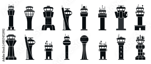 Air traffic control towers collection in silhouette, representing various designs and architectural styles of airport communication buildings.