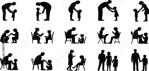 Adult child communication silhouettes, parenting guidance illustration, family relationship concept, teaching nurturing support, emotional bonding, education mentoring, black vector art