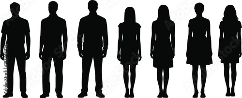 Silhouette group of diverse men and women standing together, black human figures isolated on white background, diversity concept illustration