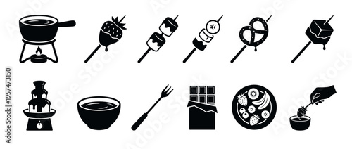 Chocolate fondue dessert icons set featuring various dipping items, equipment, and fruits for sweet treats.