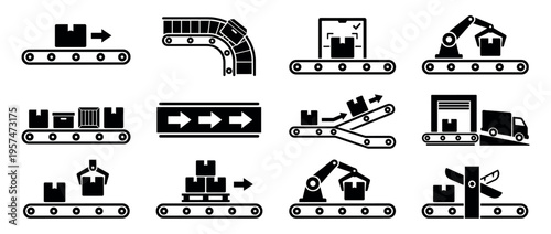 Conveyor belt system icons illustrating various stages of automated logistics, manufacturing, and package handling processes in a factory or warehouse environment.