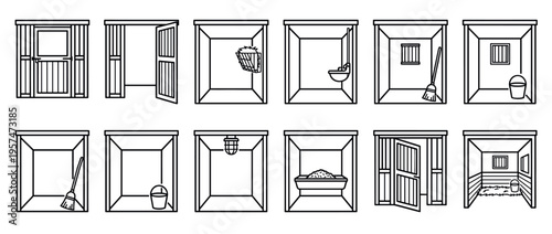 Horse stable stalls, equestrian equipment, and various elements depicted as line art icons for farm and animal care industry designs