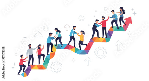 Diverse Team Collaborating on Upward Arrow Towards Success. People Helping Each Other Achieve Business Growth & Progress.