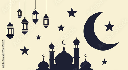 Islamic mosque silhouette with crescent moon and stars.