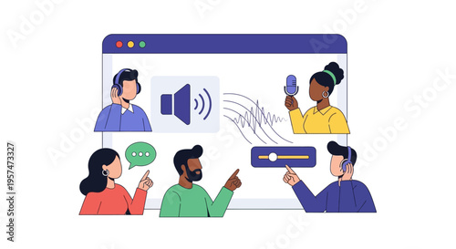 Digital Audio Communication and Podcasting Interface Illustration with Diverse People
