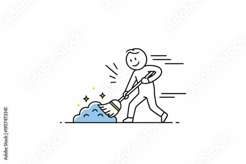 Stick figure sweeping dust pile with broom vector illustration