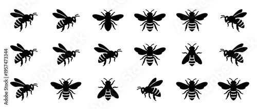 Bee silhouettes collection featuring various flying and resting honeybees, perfect for nature and insect-related designs and educational materials.