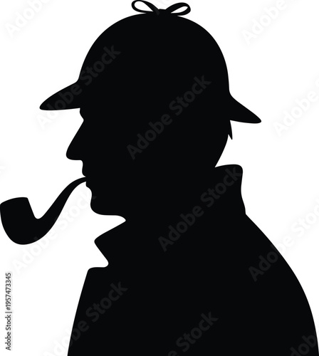 Silhouette of Sherlock Holmes detective profile, iconic deerstalker hat, smoking pipe, mystery figure illustration, classic detective fiction concept, noir style